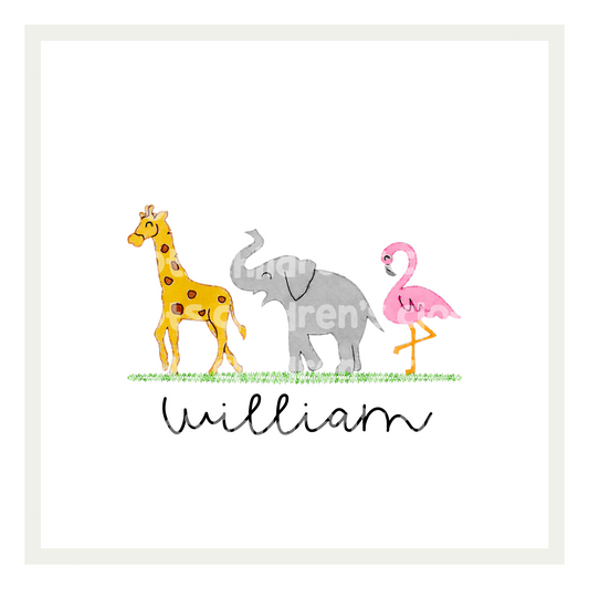 Hand Painted Giraffe, Elephant, Flamingo