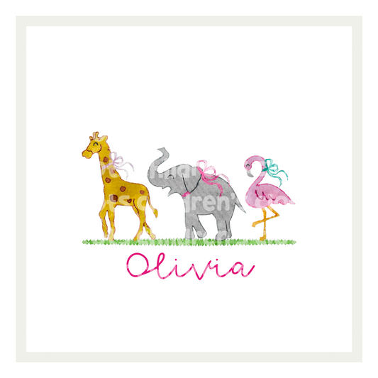 Hand Painted Giraffe, Elephant, Flamingo