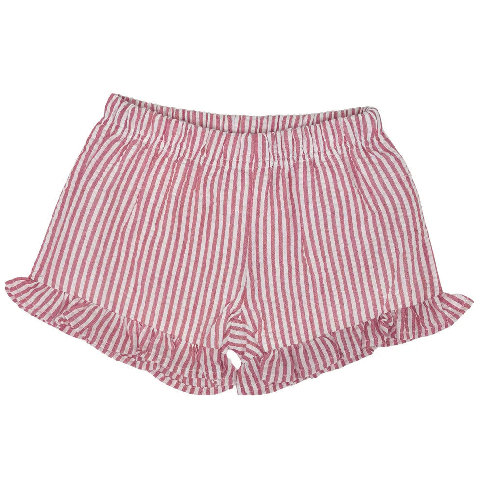 Ruffled Seersucker Shortie Shorts - Red
