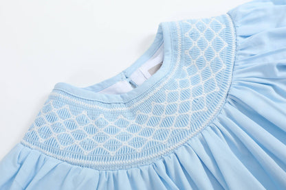 Blue and White Smocked Bubble Romper